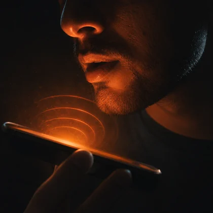 A person speaking a question into a phone as sound waves rise from the screen — the moment an answer engine is asked