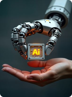 AI-powered marketing in Dubai — robot hand passing AI chip to human hand, illustrating Dubai Prod's machine learning and generative AI services