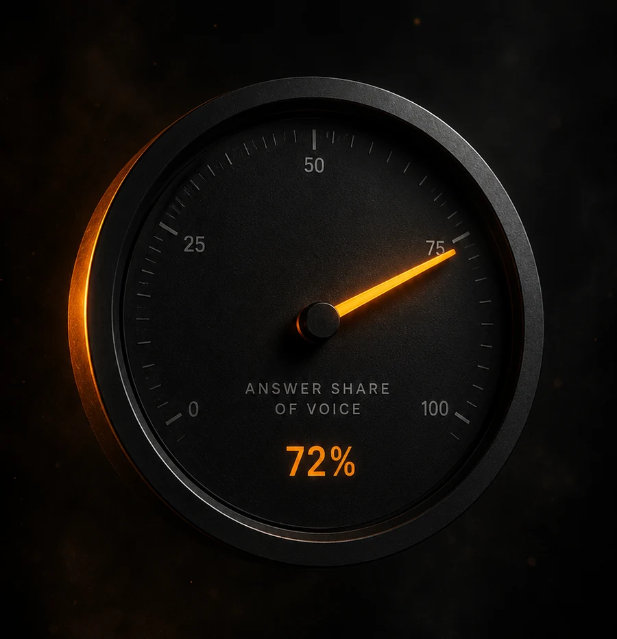 Instrument gauge reading 72% answer share of voice — the headline metric in Dubai Prod's AEO reporting