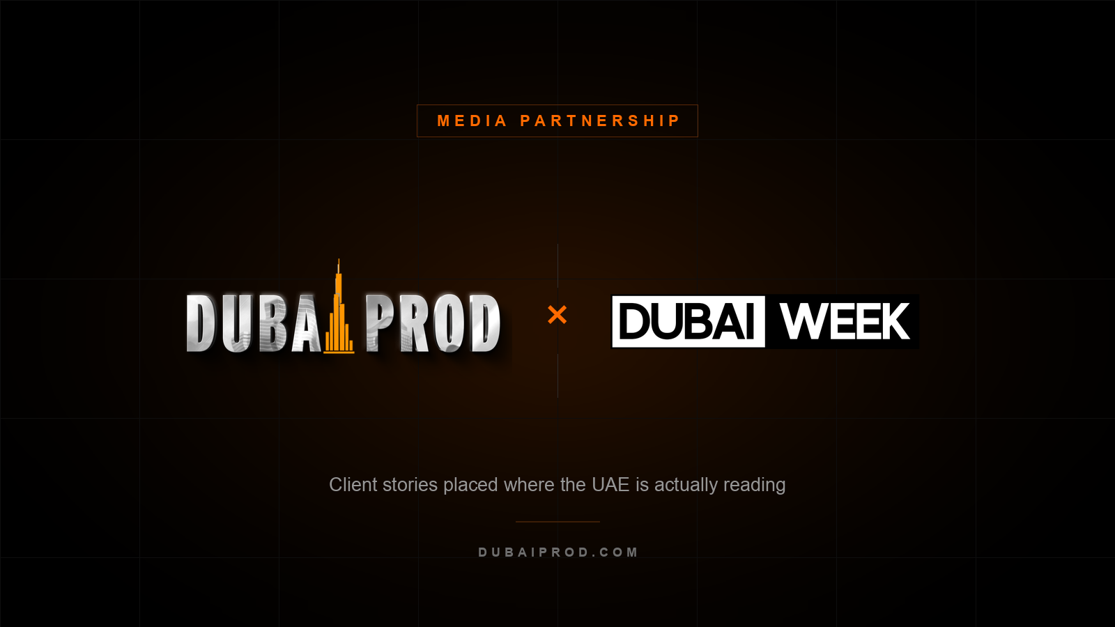 Dubai Prod and Dubai Week logo lockup announcing a media partnership for UAE brand stories
