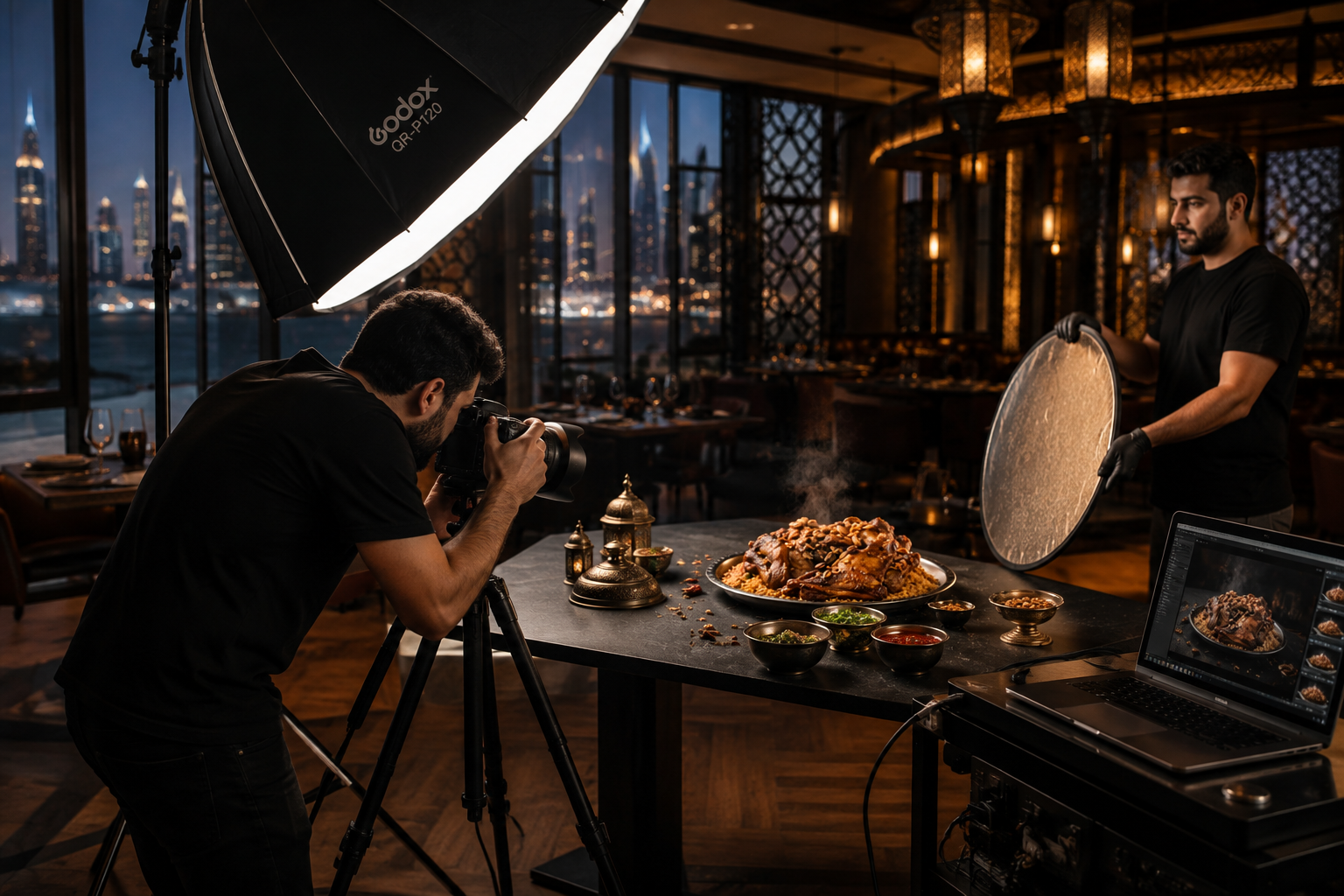 Professional food photography setup capturing a plated Middle Eastern dish in a Dubai restaurant studio with dramatic side lighting
