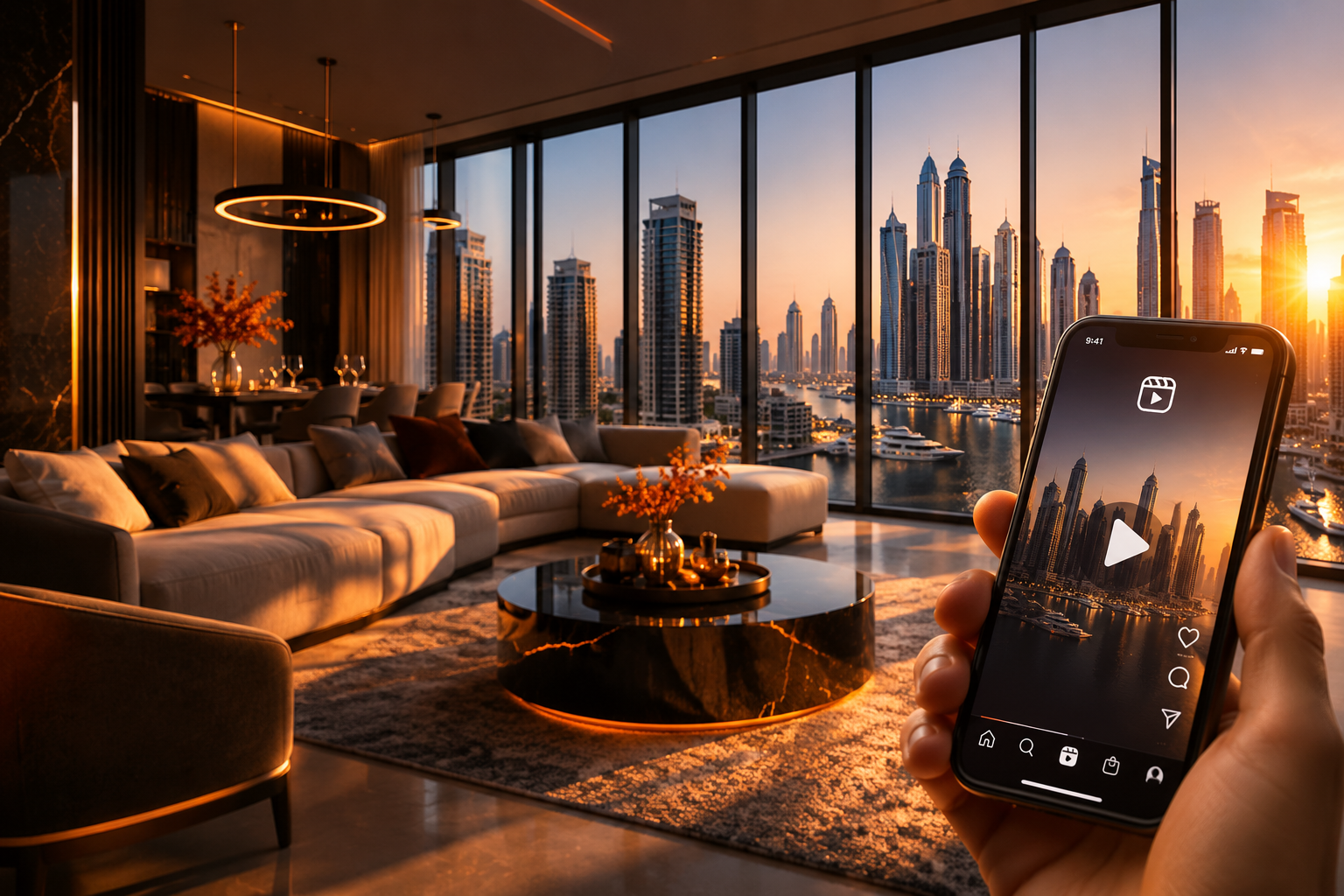 A luxury Dubai penthouse interior with a smartphone overlay showing Instagram Reels interface in foreground, modern minimalist aesthetic, warm golden lighting, 3:2 landscape