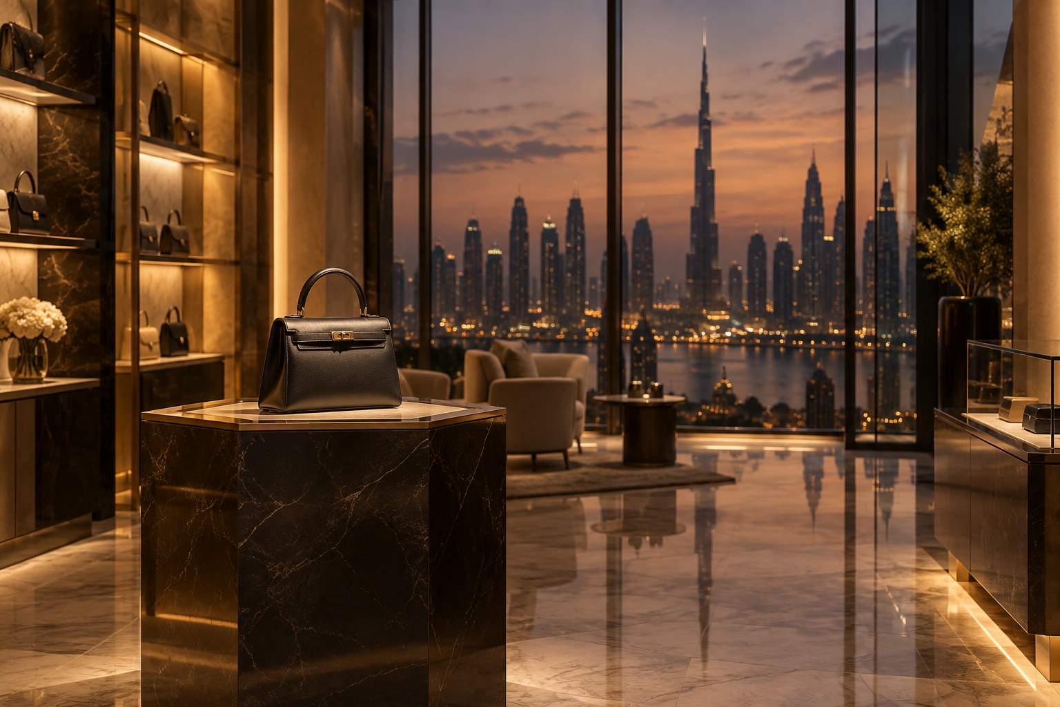 Elegant luxury boutique interior in Dubai with gold accents and soft lighting representing premium brand marketing