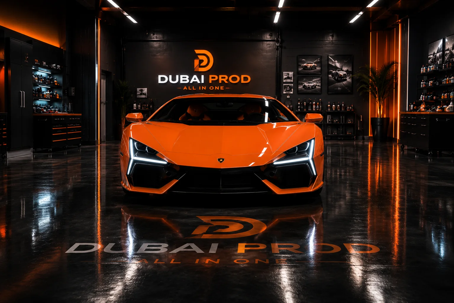 Photorealistic 3D car render — front view in the Dubai Prod studio