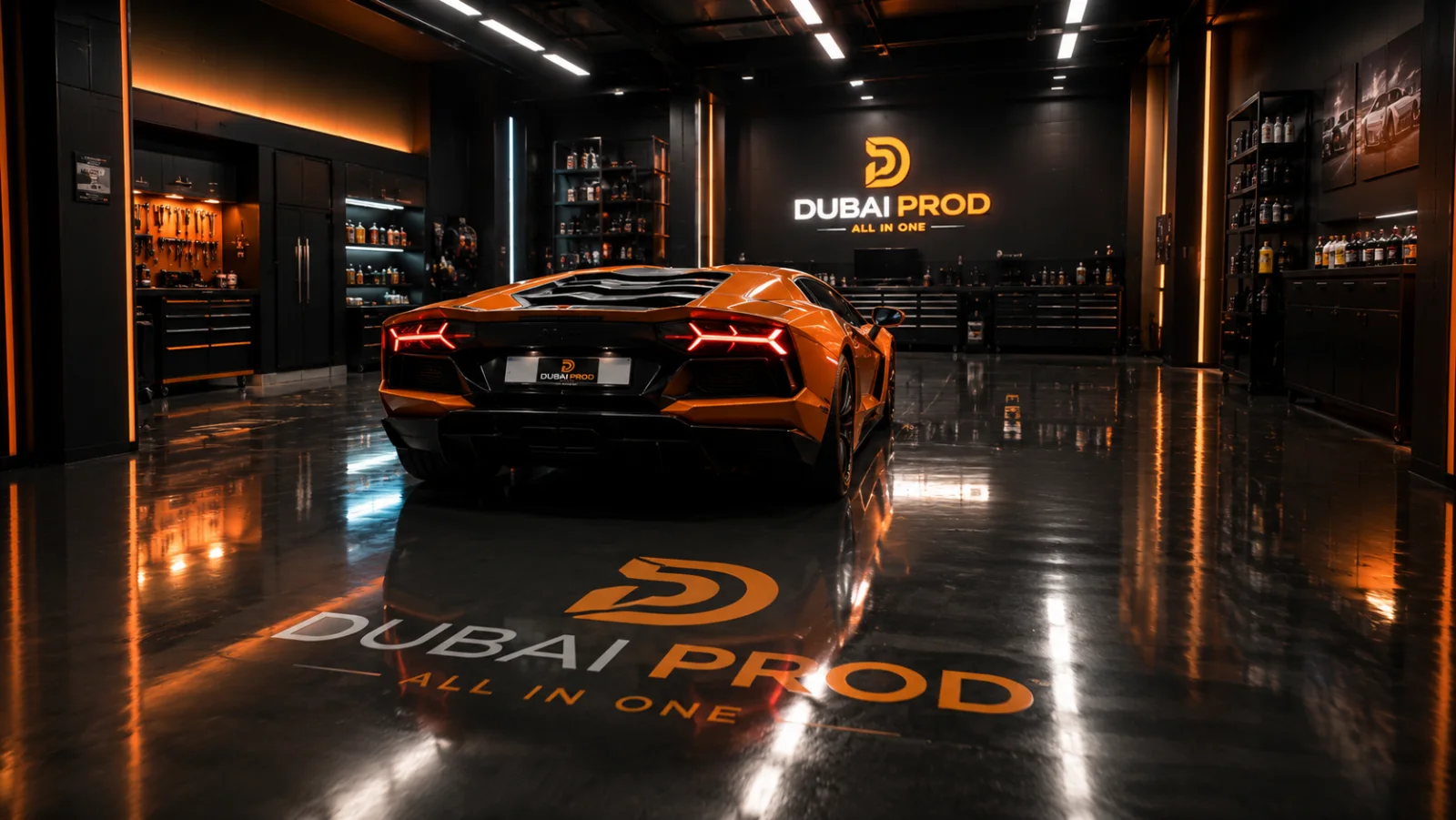 Photorealistic 3D car render — rear view in the Dubai Prod studio