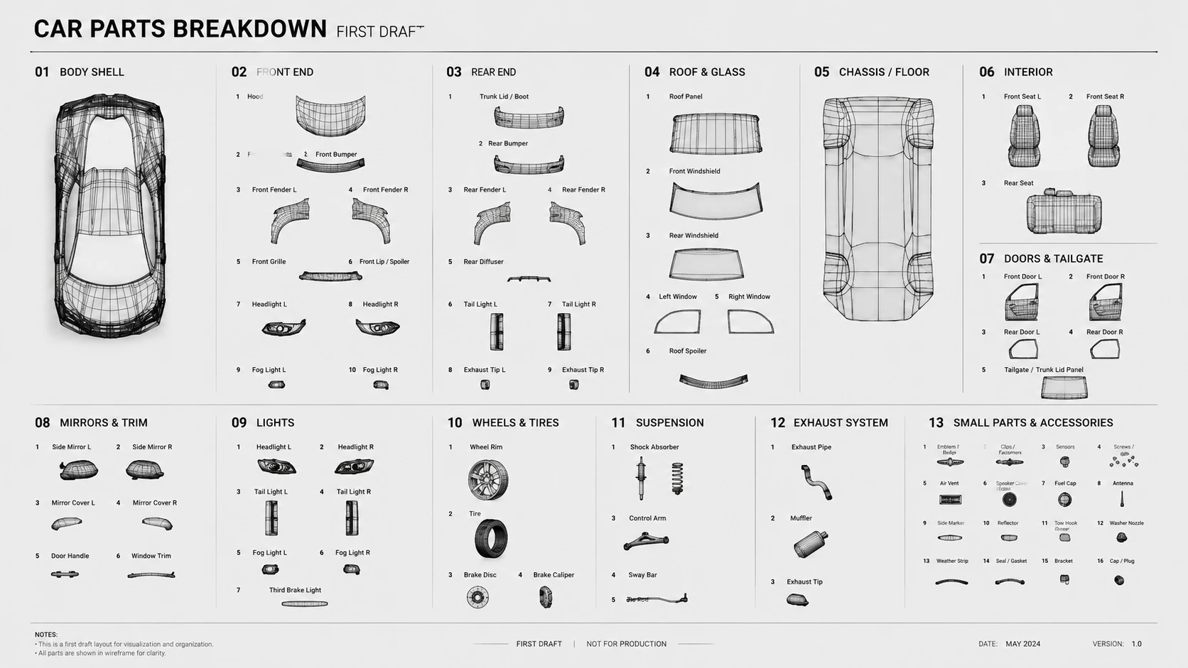 3D car wireframe model breakdown — first draft by Dubai Prod's CGI studio in Dubai