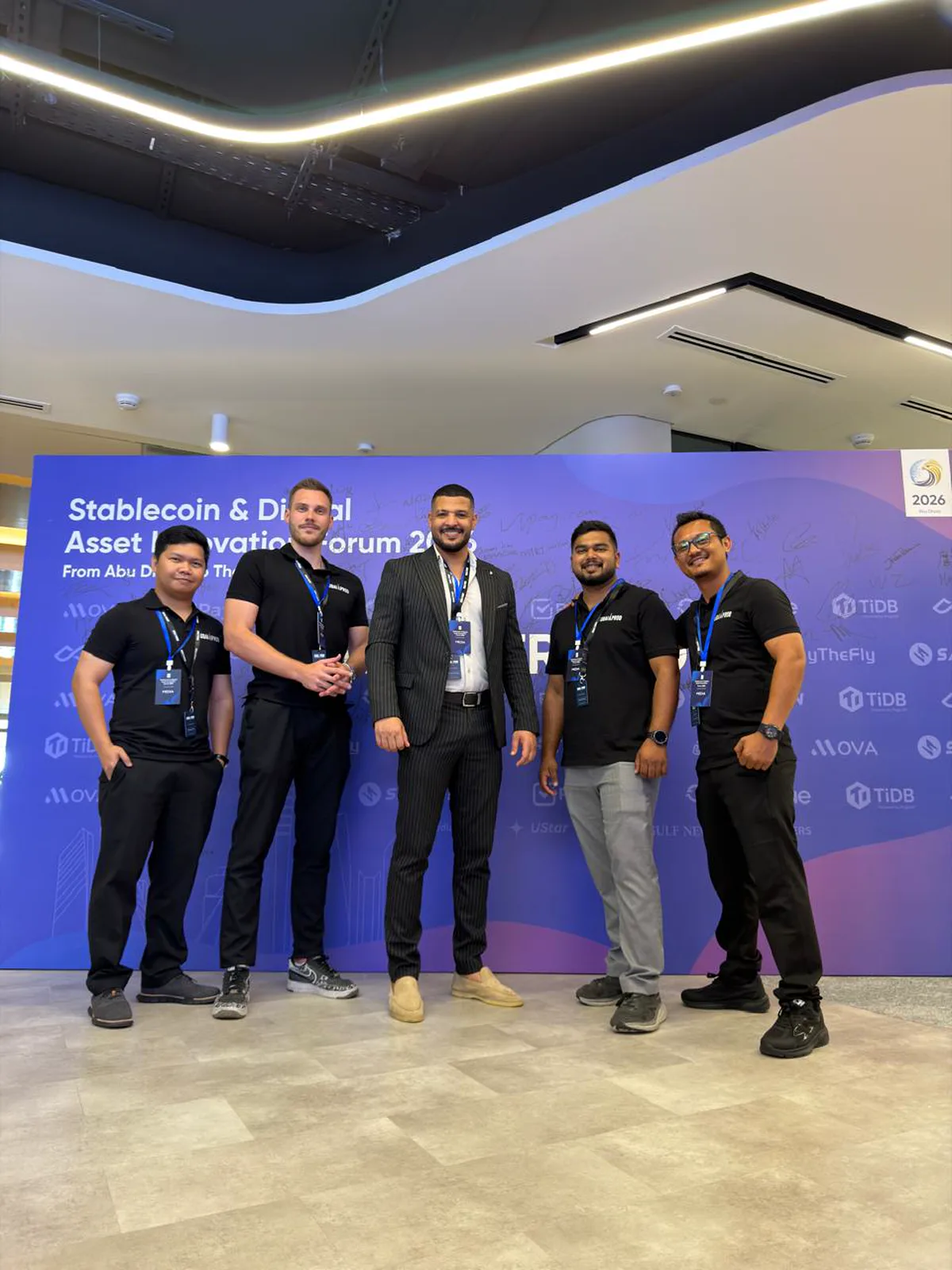 Dubai Prod production crew with media accreditation on location at the Stablecoin & Digital Asset Innovation Forum 2026 in Abu Dhabi
