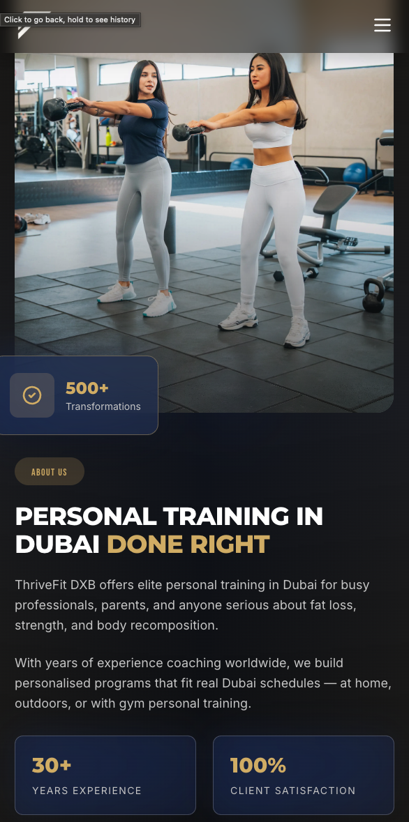 Thrive Fit DXB — mobile responsive view